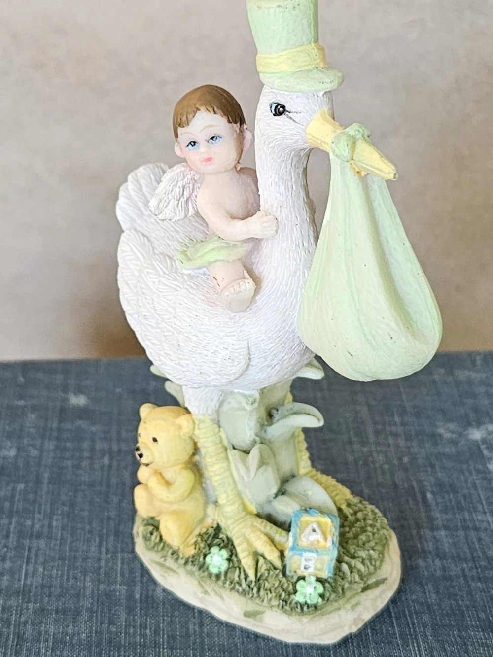 4 Vintage Porcelain Figurines, Enesco Fairy, Sleeping Cat, Stork And Mand. Girl